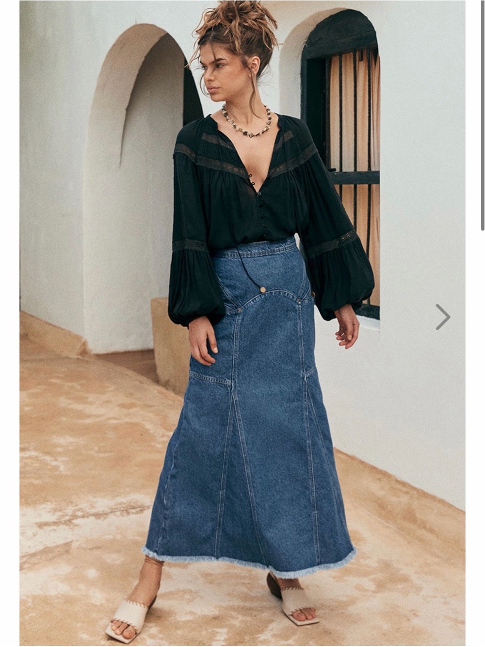Spell Blue Denim Maxi Skirt with A-Line Panels